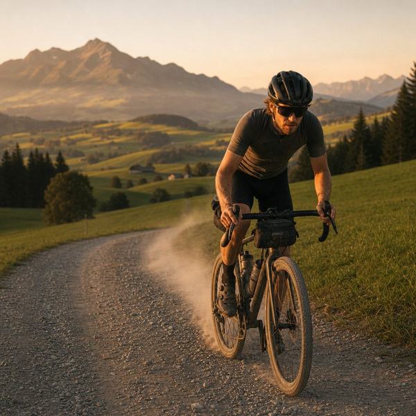 Gravelbiker auf einer Schotterstrasse mit Alpenblick