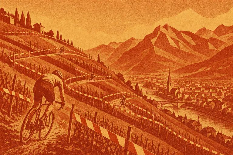 Illustration: Cyclocross-Kurs durch Rebterrassen über einem Städtchen im Talboden