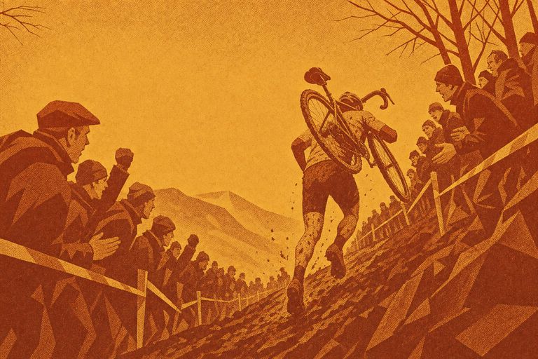 Illustration: Cyclocross-Fahrer trägt das Rad eine schlammige Böschung hoch, Zuschauer am Band
