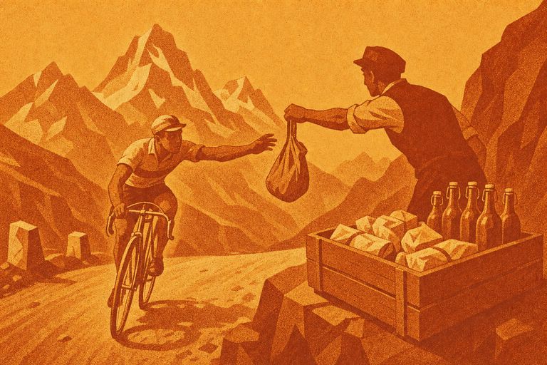 Illustration: Übergabe eines Verpflegungsbeutels an einen vorbeifahrenden Fahrer