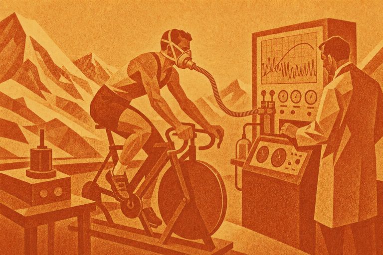 Illustration: Leistungstest auf dem Ergometer mit Atemmaske und Messgeräten