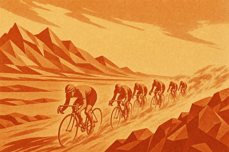 Illustration: Mannschaft in schräger Staffel über eine windige Ebene