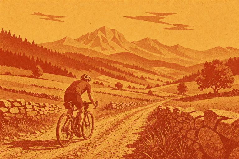 Illustration: Gravelfahrer auf einem Feldweg zwischen Weiden und Trockenmauern