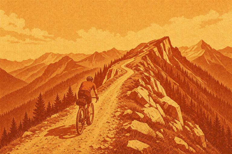 Illustration: Gravelfahrer auf einer Kammstrasse aus Kalkstein zwischen Nadelwald