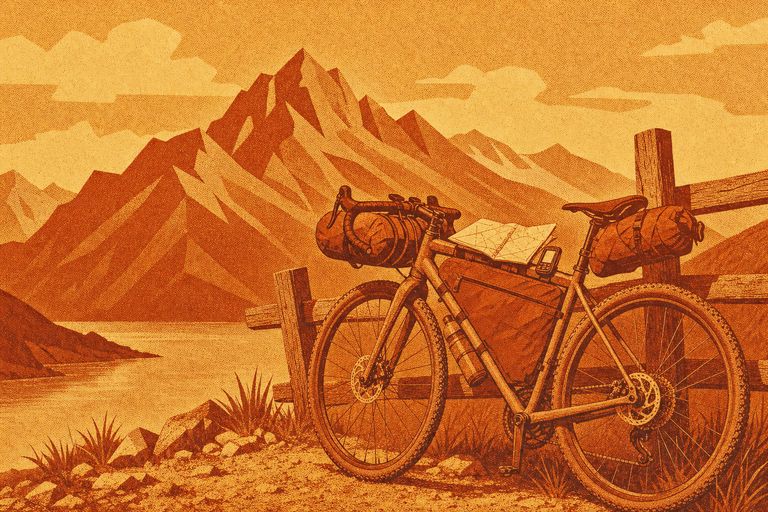 Illustration: Beladenes Gravelbike mit Rahmentasche, Lenkerrolle und Karte auf dem Oberrohr