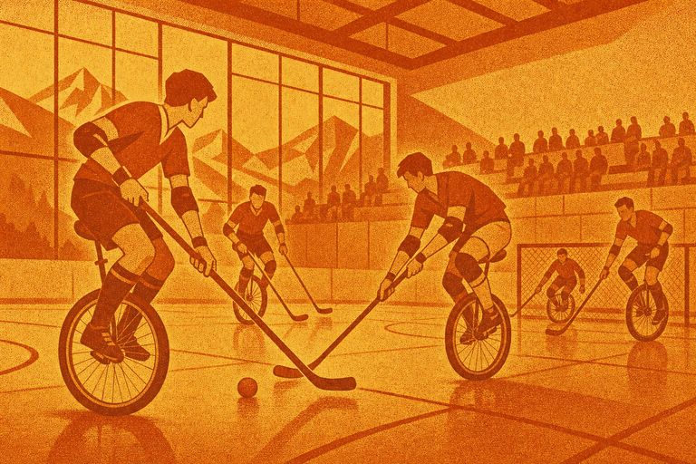 Illustration: Einradhockey in einer Sporthalle, Spieler mit Stöcken auf Einrädern