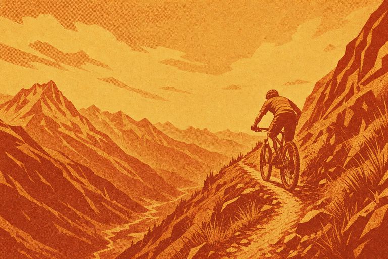 Illustration: Mountainbiker auf einem Singletrail hoch über einem Tal