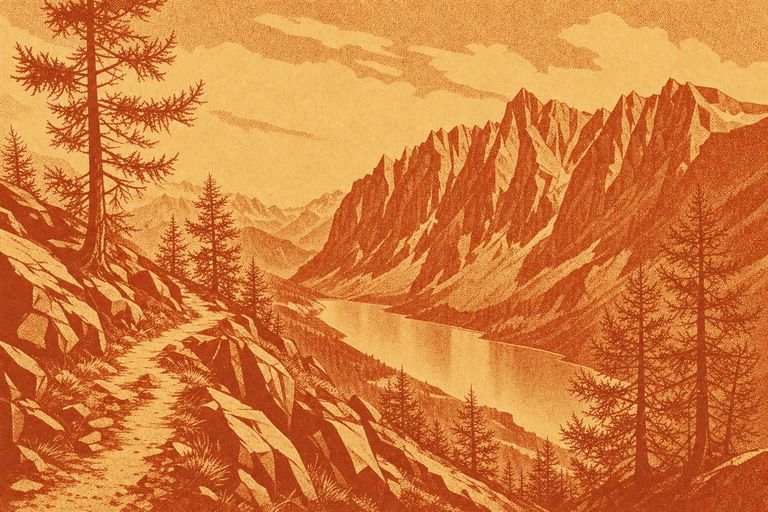 Illustration: Hochalpiner Trail zwischen Lärchen mit einem Bergsee im Talboden