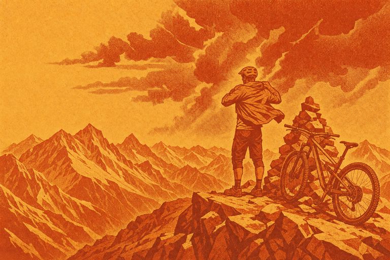 Illustration: Mountainbiker zieht an einem Sattel eine Windjacke an, Wetterfront über den Gipfeln