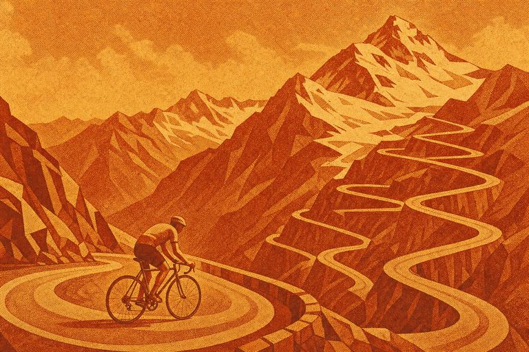 Illustration: Rennradfahrer in den Kehren einer hochalpinen Passstrasse