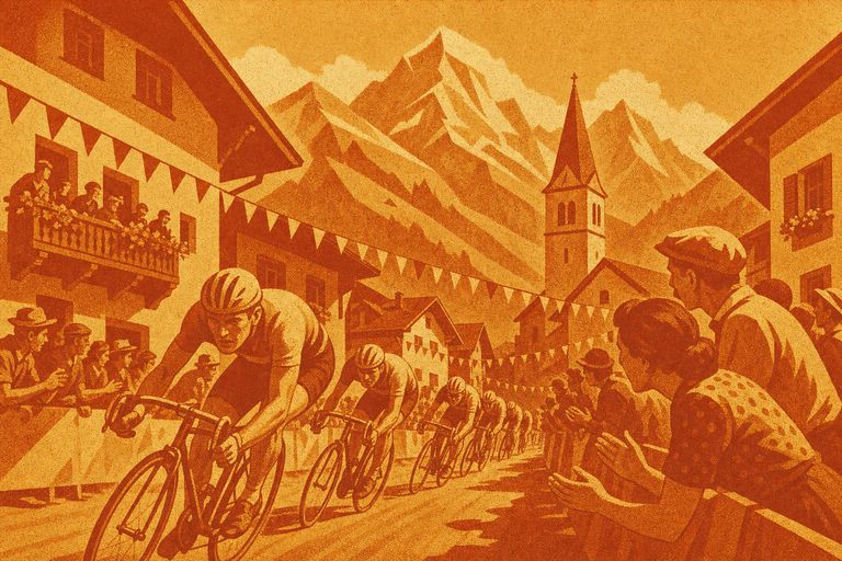 Illustration: Rennfeld auf der Hauptstrasse eines Dorfes, Zuschauer hinter Absperrungen