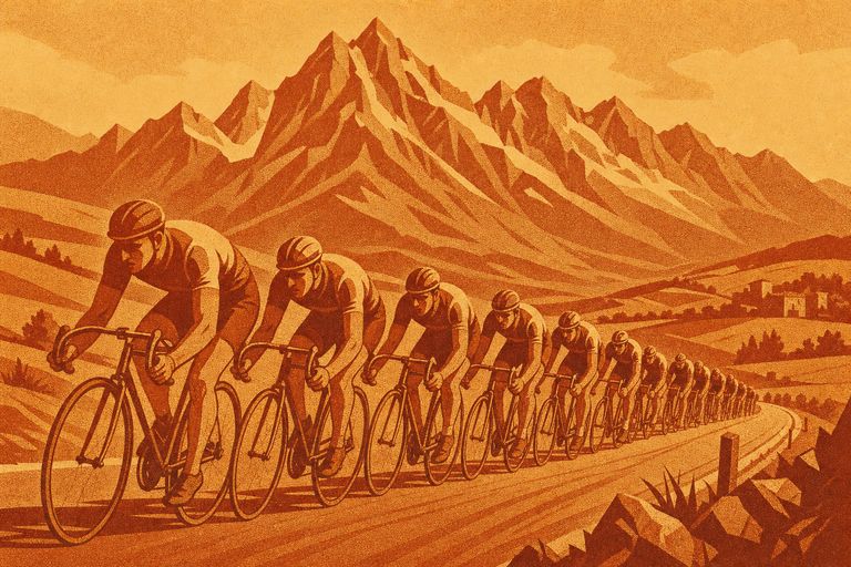 Illustration: Fahrergruppe auf einer Landstrasse vor einer Kette hoher Alpengipfel