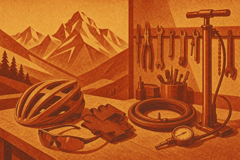 Illustration: Helm, Brille, Handschuhe und Standpumpe auf einer Werkbank
