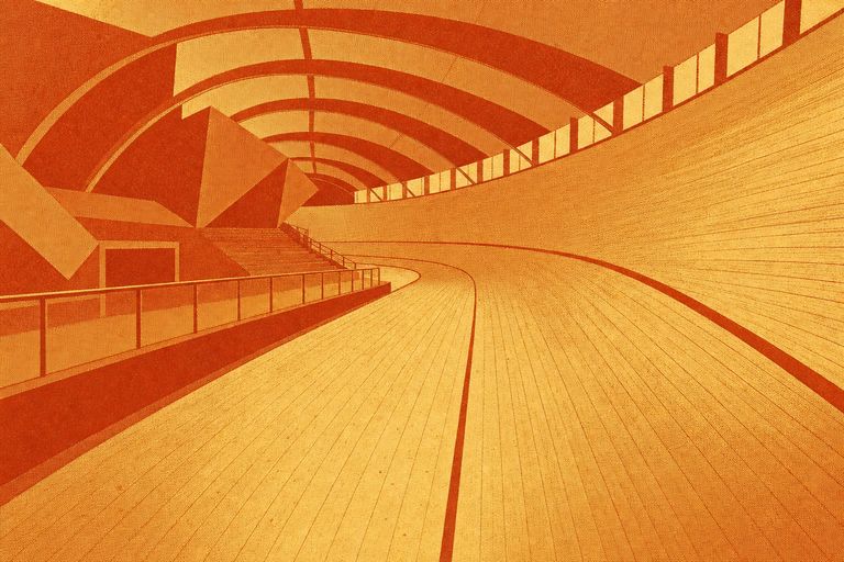 Illustration: Leere Radrennbahn mit hellen Bahnbrettern, roter Messlinie und Dachbindern