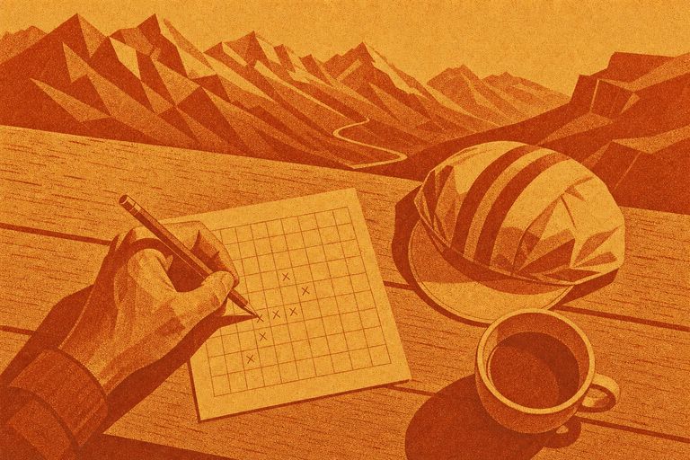 Illustration: Hand markiert mit einem Stift Kreuze auf einer Papierkarte, daneben Radmütze und Tasse