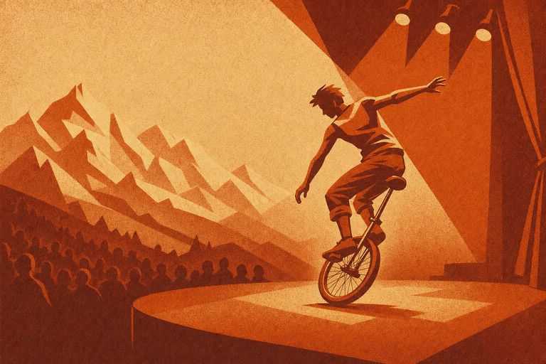 Illustration: Freestyle-Einradfahrer bei einem Trick auf einer Bühne im Scheinwerferlicht